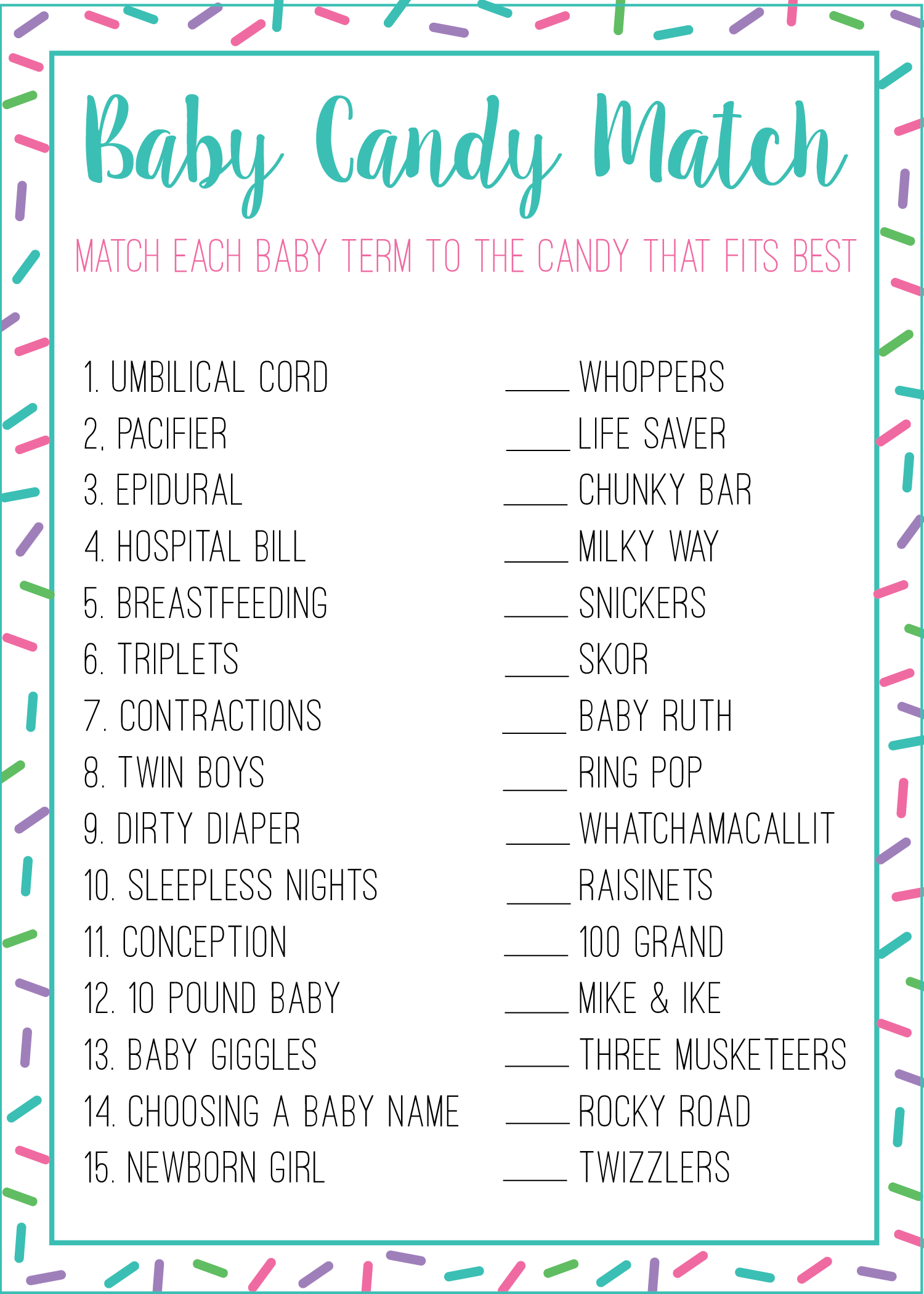 free printable bridal shower candy game match