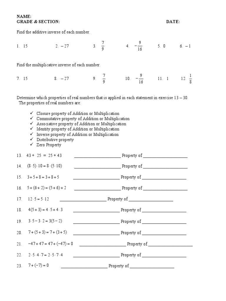 1 Properties Of Real Numbers Worksheet PDF Multiplication