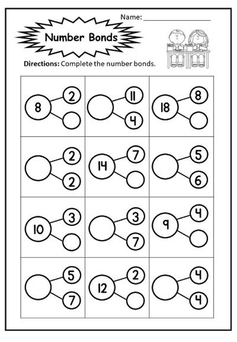 10 Printable Number Bonds Worksheets Numbers 1 20 For Etsy
