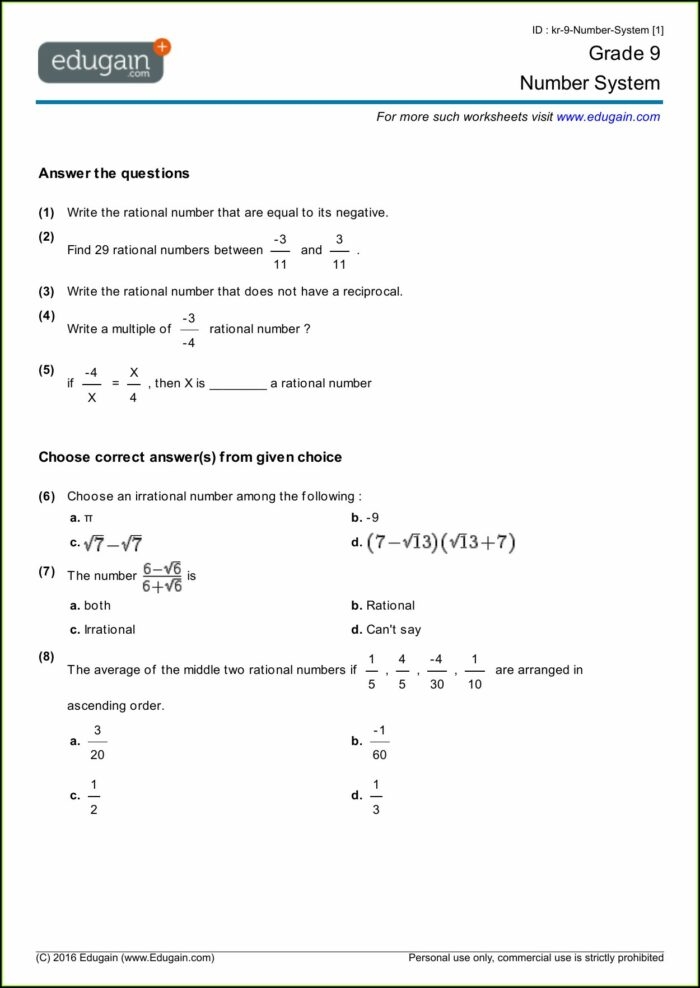 rational numbers worksheet