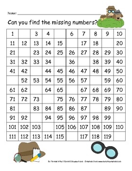 100 chart missing numbers worksheet