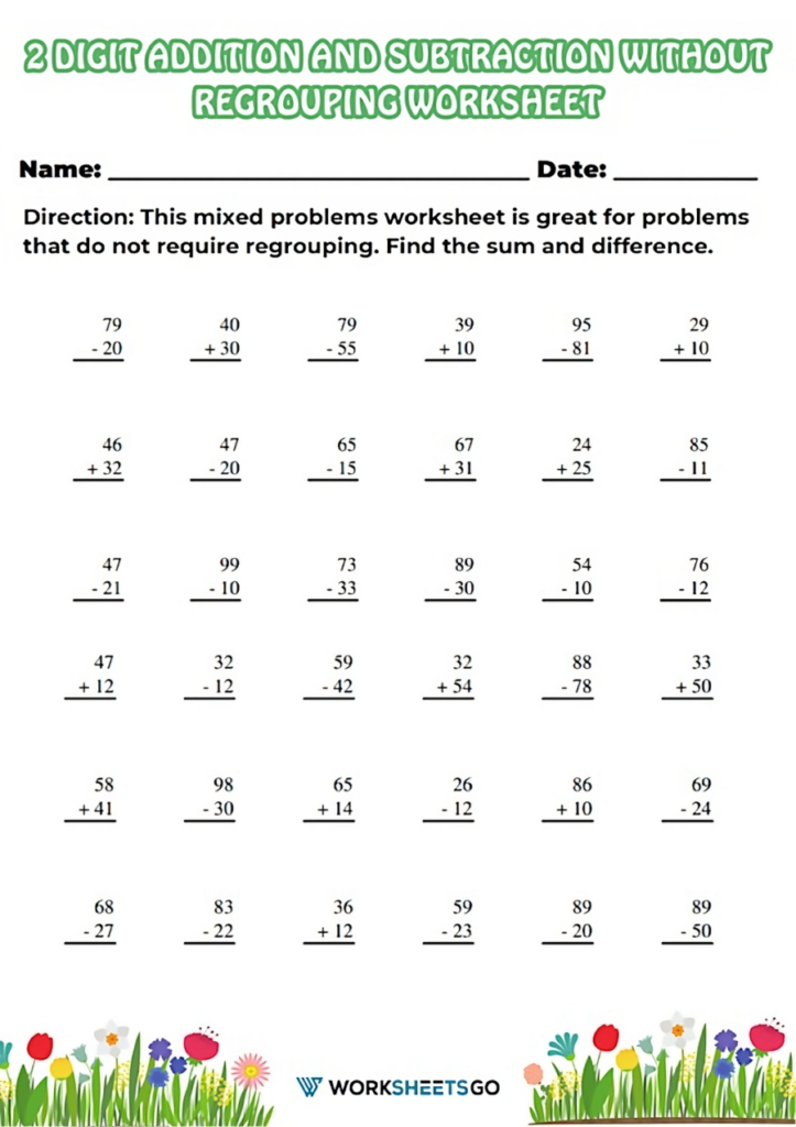 adding 2 digit numbers without regrouping worksheets