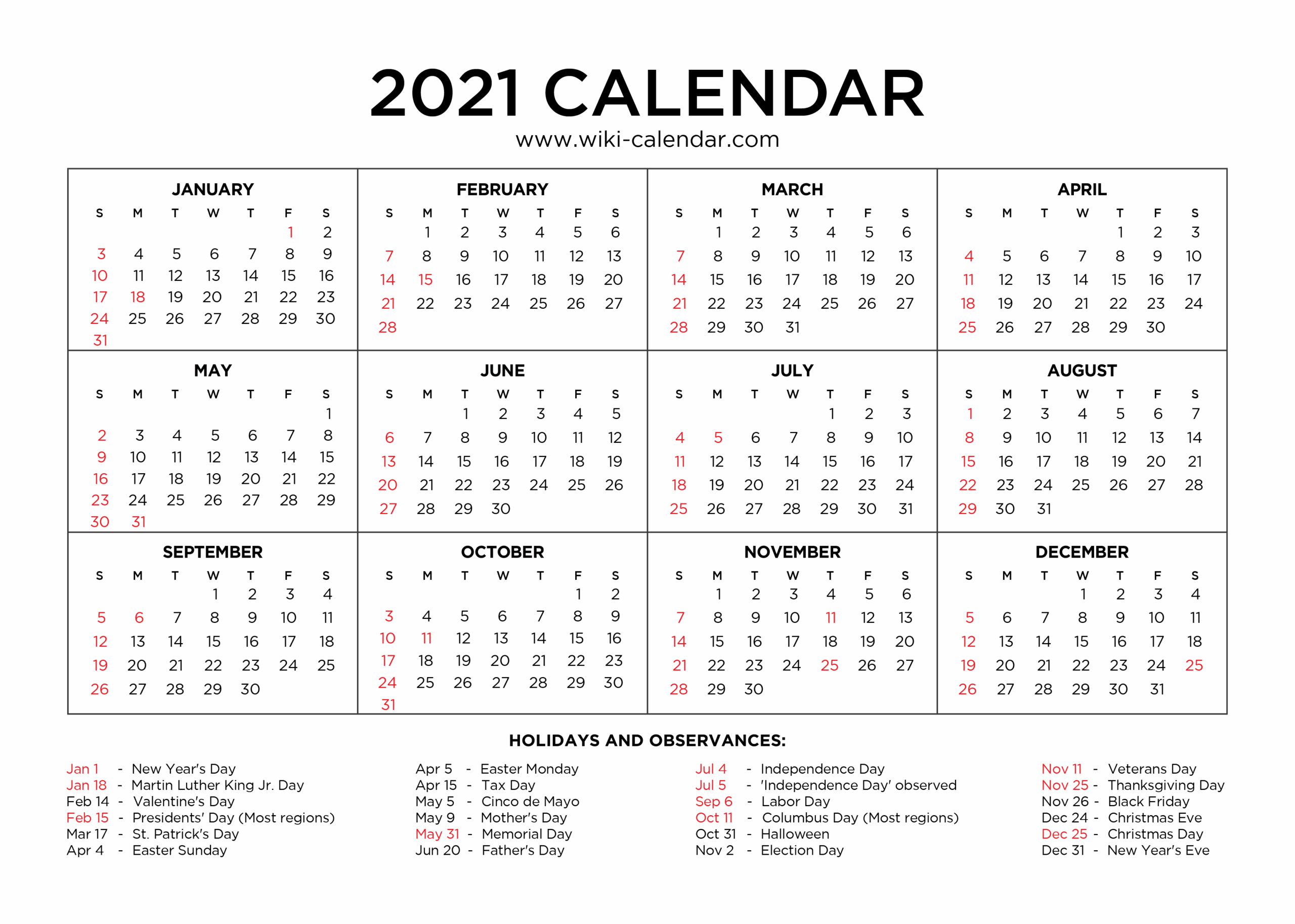2021 Calendar With Holidays Printable Usa