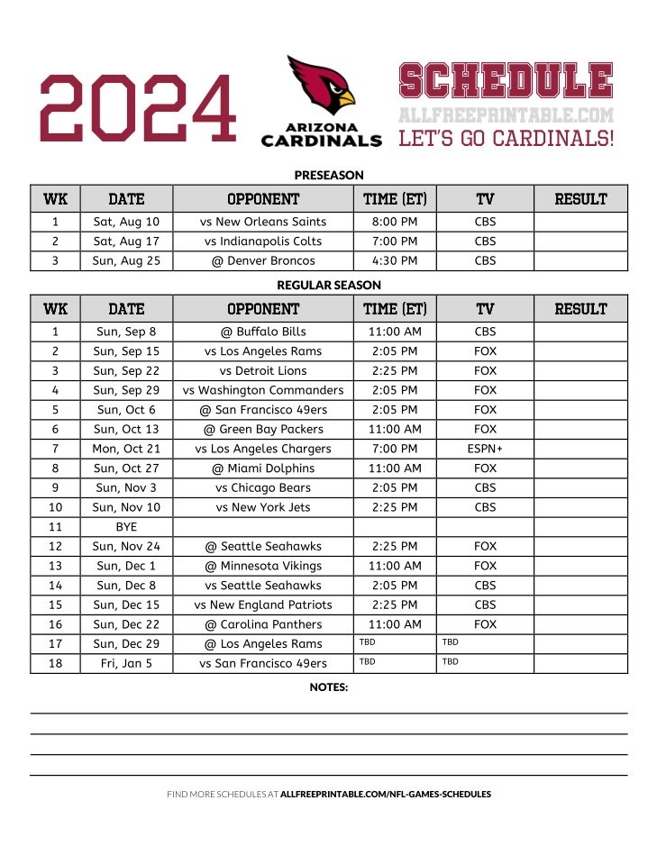 2024 Arizona Cardinals Schedule Free Printable