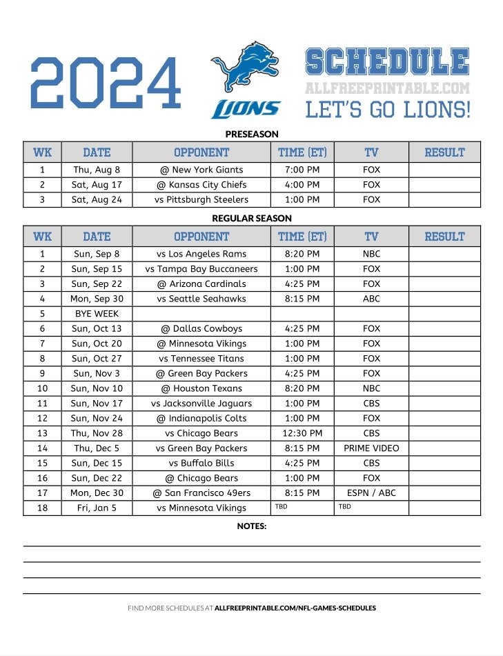 2024 Detroit Lions Schedule Free Printable