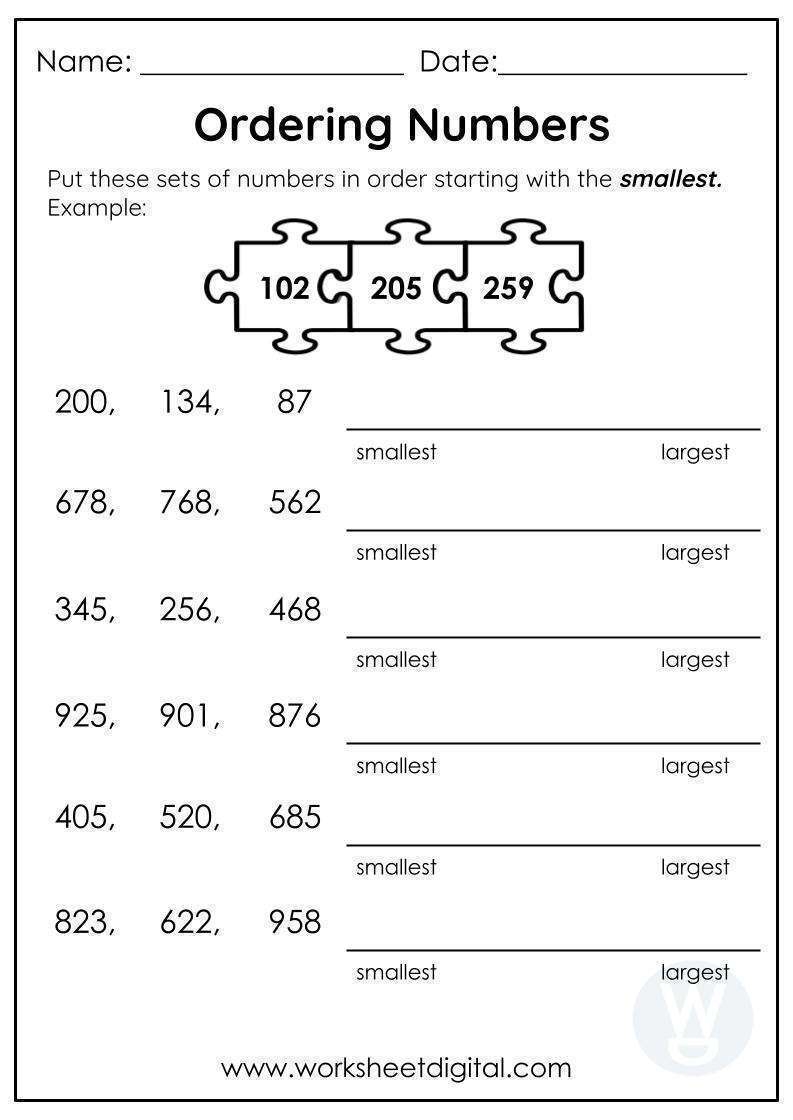 2nd Grade Math Worksheets Place Value Ordering Numbers Order 