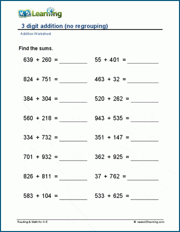 3 digit Addition no Regrouping Worksheets K5 Learning Worksheets 