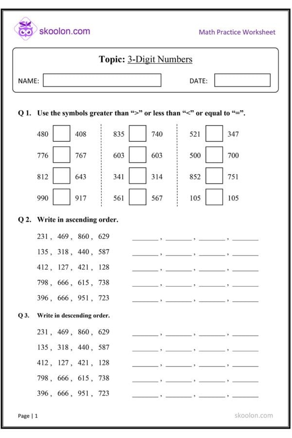 3 Digit Numbers Skoolon
