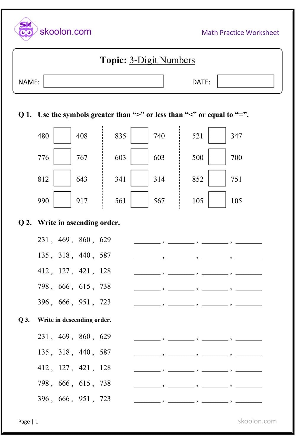 3 Digit Numbers Skoolon