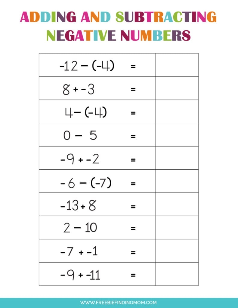 adding negative numbers worksheet