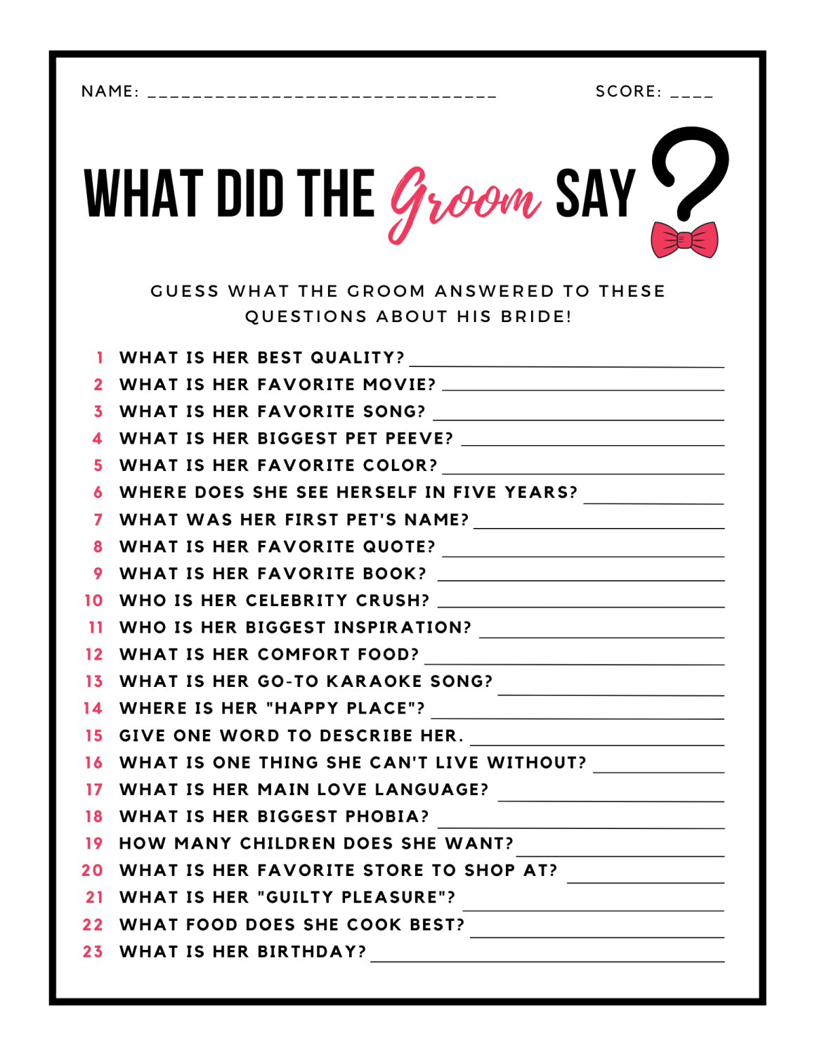 47 What Did The Groom Say Game Questions Free Templates