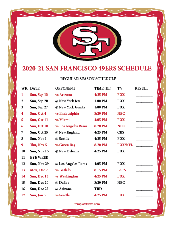 49ers 2023 2024 Schedule Printable