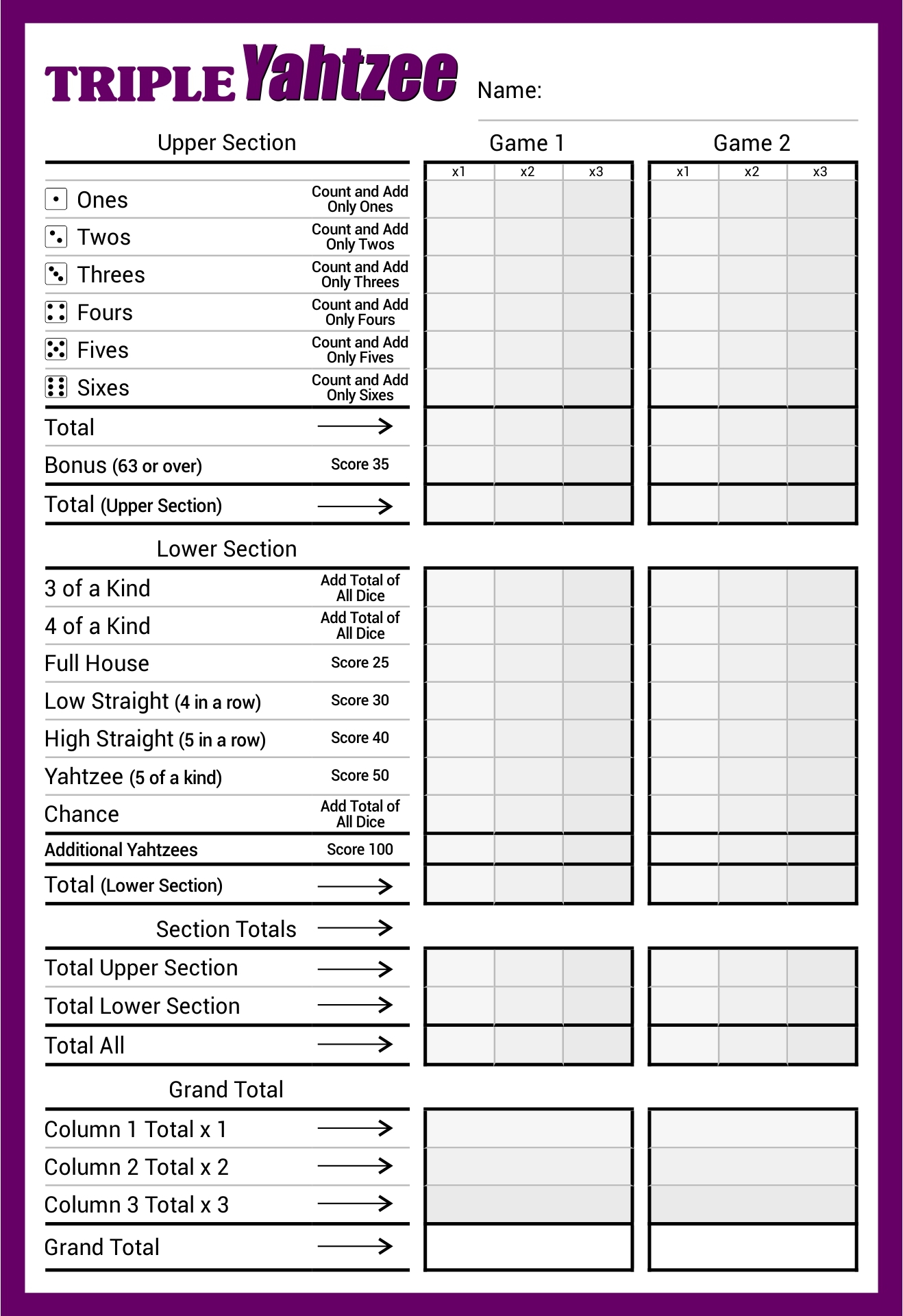free printable dice game sheets