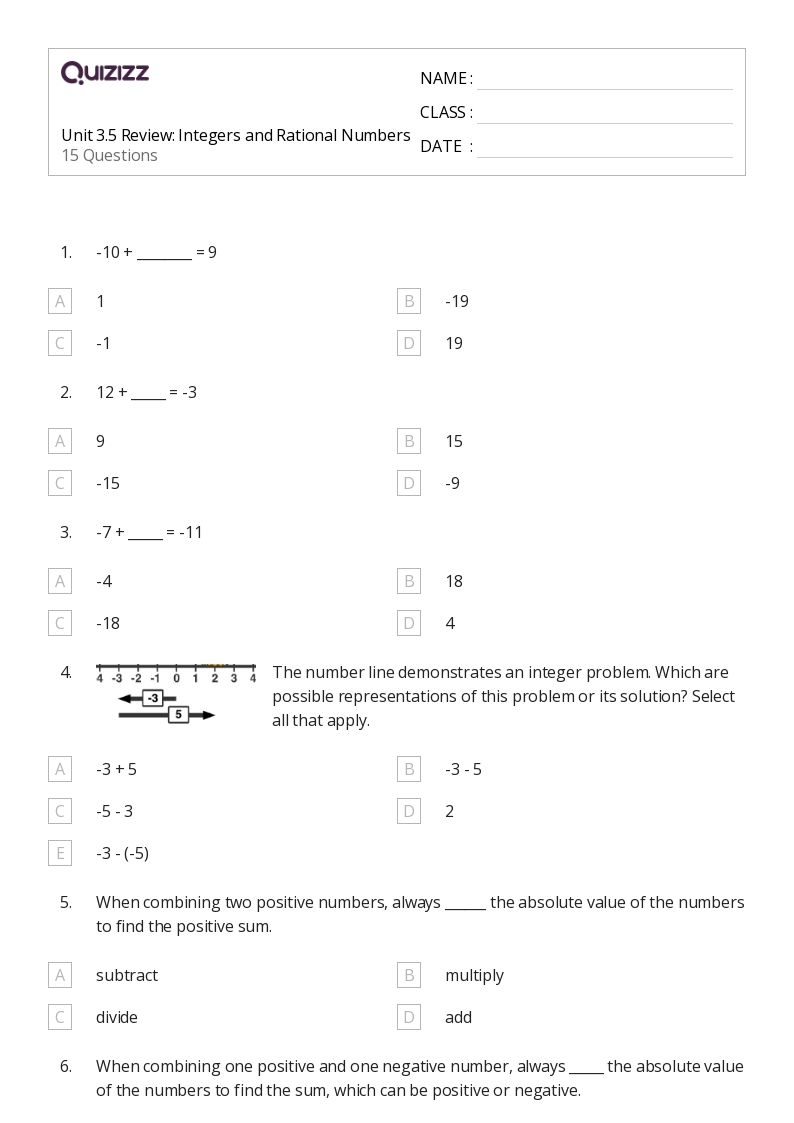 50 Integers And Rational Numbers Worksheets For 7th Grade On 