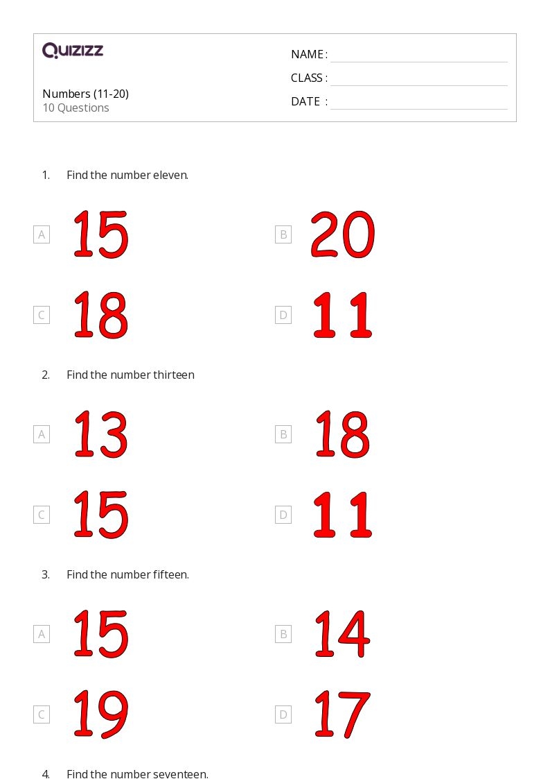 50 Numbers 11 20 Worksheets For Kindergarten On Quizizz Free 
