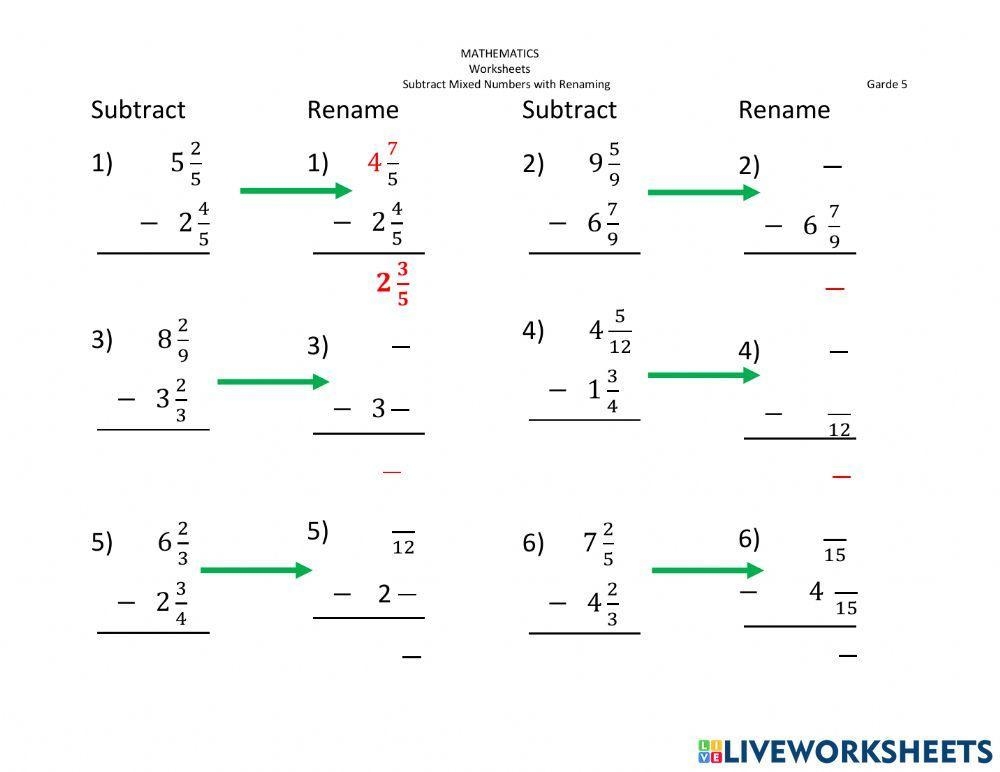 50 Subtracting Mixed Numbers Worksheets On Quizizz Free Printable 