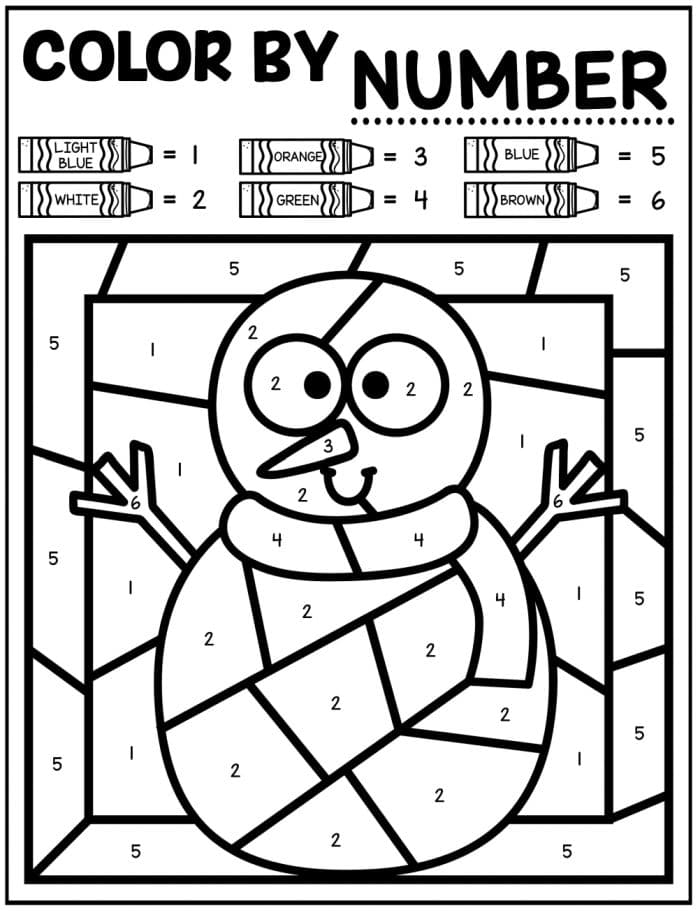 9 Winter Color By Number Pages Snowman Color By Number
