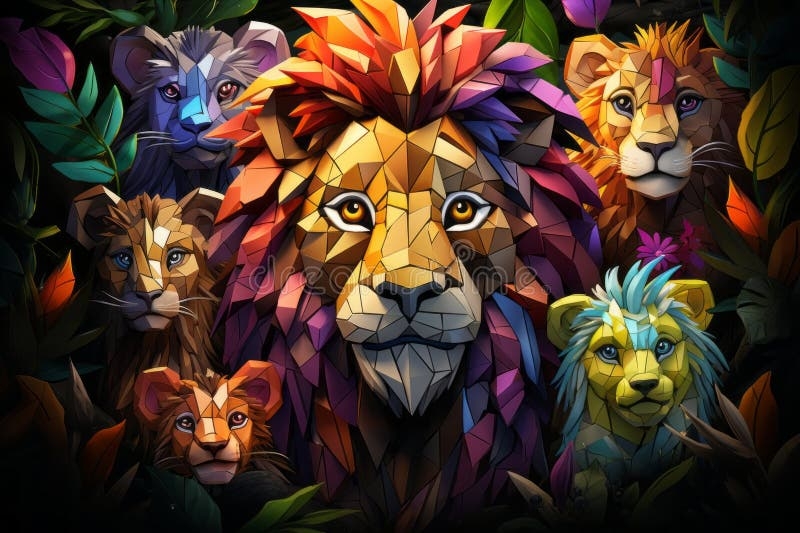A Group Of Colorful Lions In The Jungle Stock Illustration 