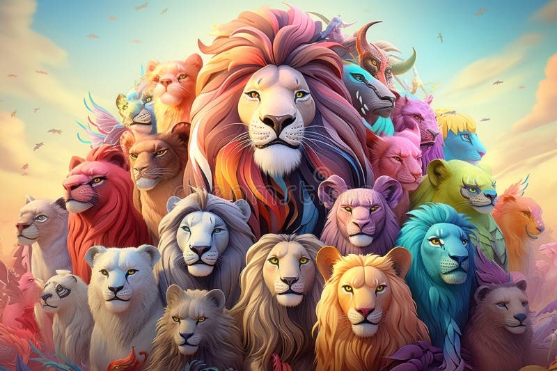A Group Of Lions With Many Different Colors Stock Illustration 