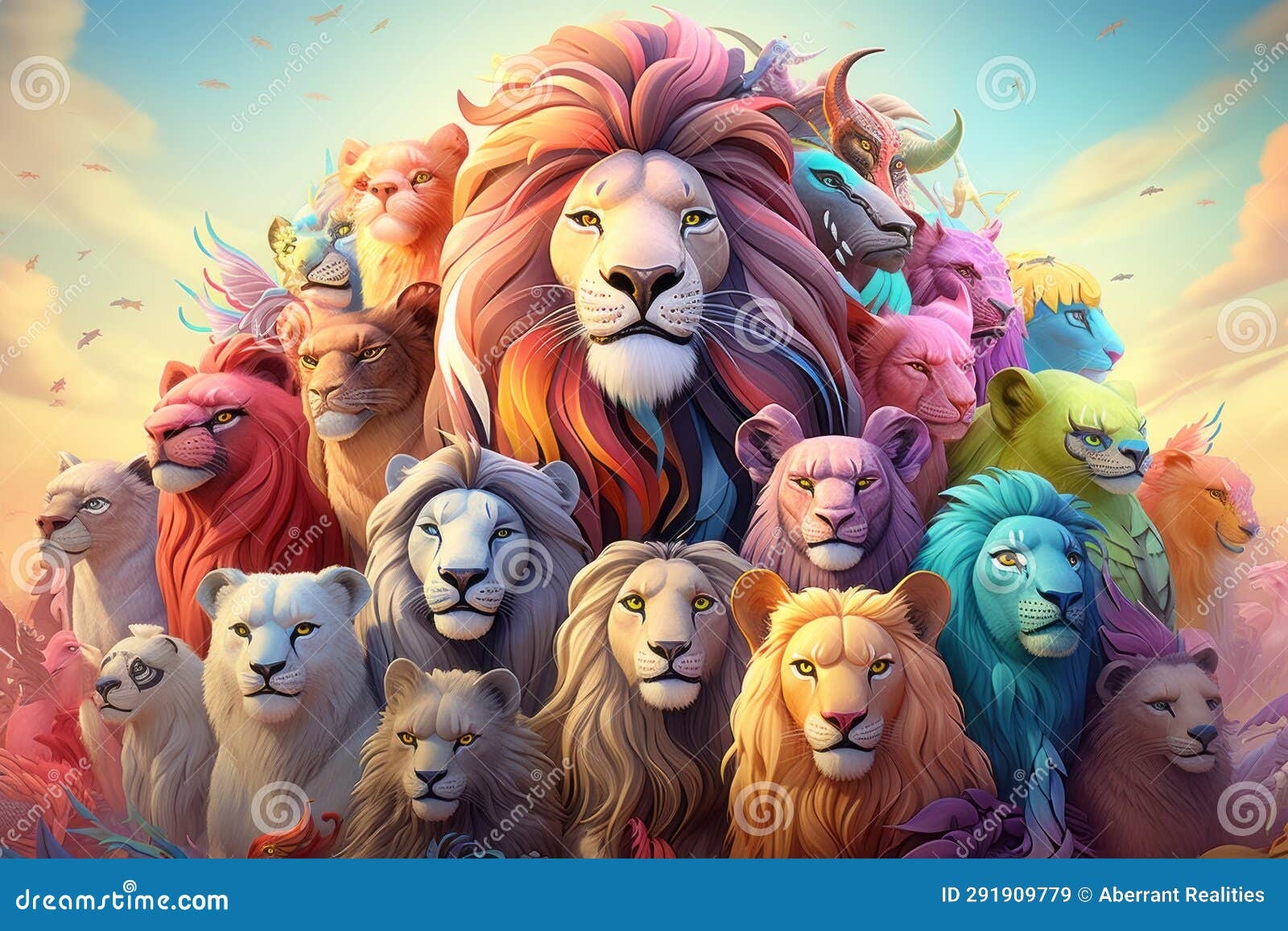 A Group Of Lions With Many Different Colors Stock Illustration 