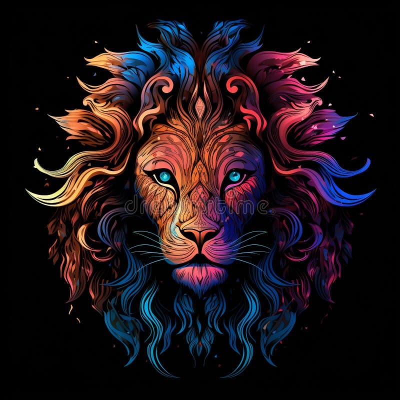 Abstract Neon Multi colored Portrait Of A LION Head On A Dark 