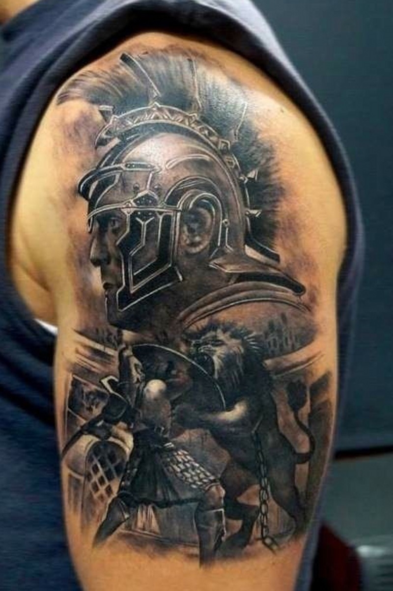 Accurate Painted Colored Shoulder Tattoo Of Gladiator Fight With Lion 