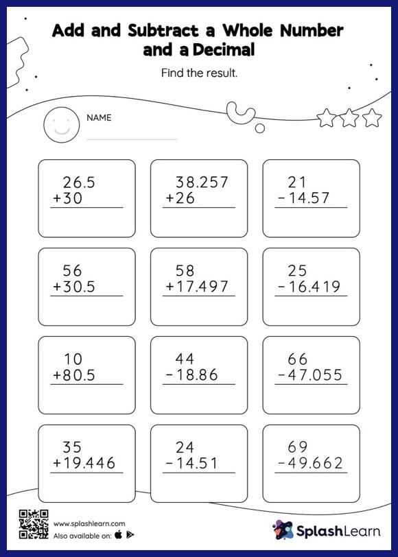 Add And Subtract A Whole Number And A Decimal Vertical 