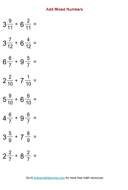 Add Mixed Numbers With Like Denominators Worksheet examples Answers 