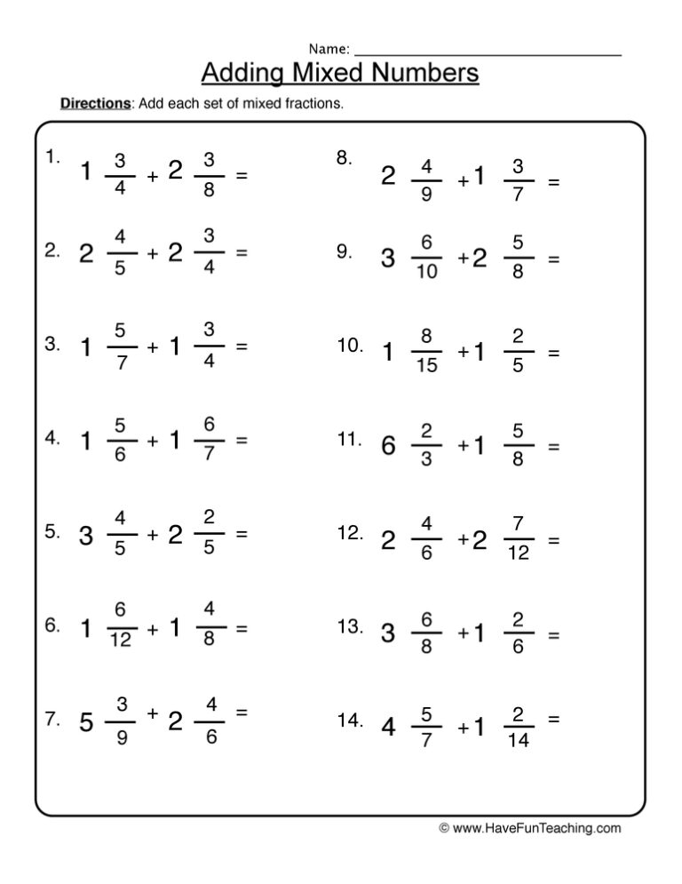 add mixed numbers worksheet