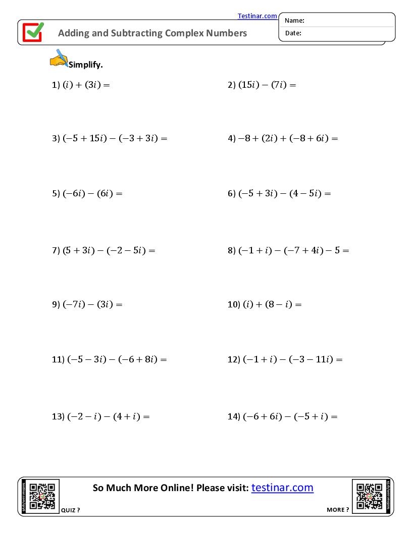 Add Subtract Multiply Divide Complex Numbers Worksheet Free 