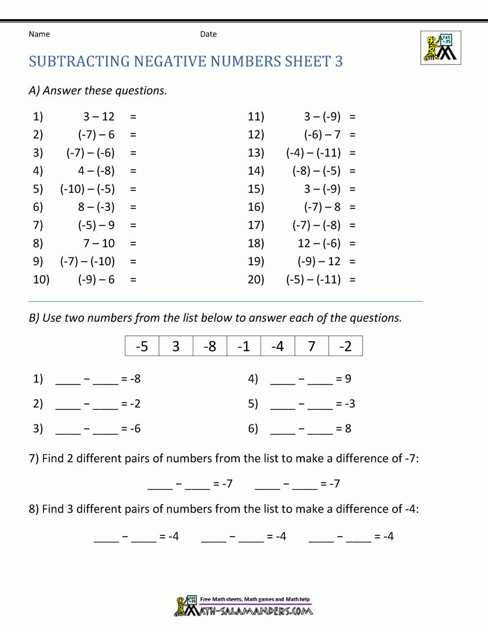 add and subtract negative numbers worksheet