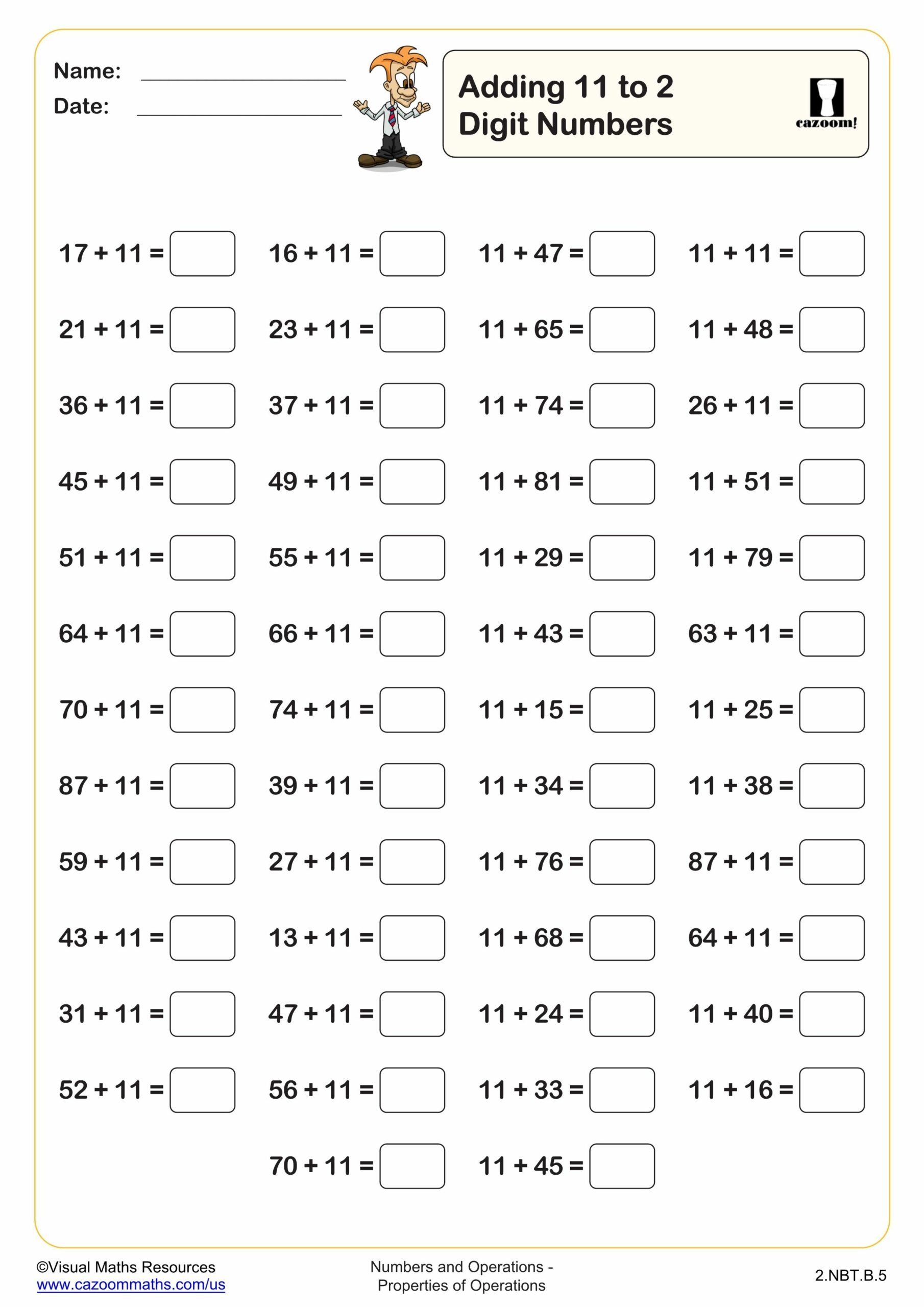 Adding 11 To 2 Digit Numbers 50 Questions Fun And Engaging 1st 