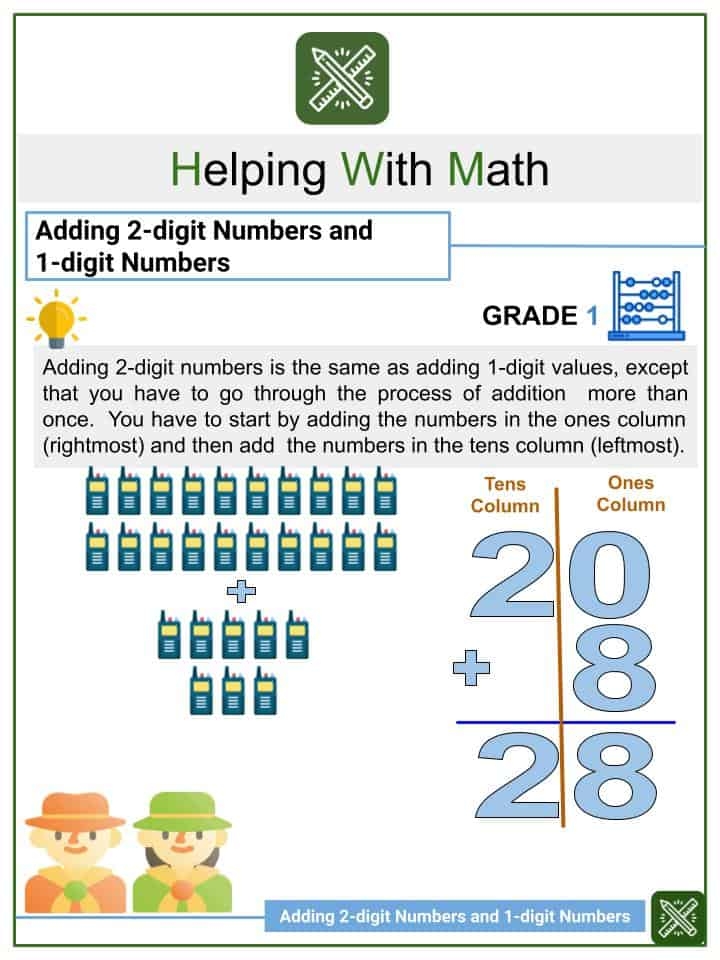 Adding 2 digit Numbers And 1 digit Numbers 1st Grade Math Worksheets