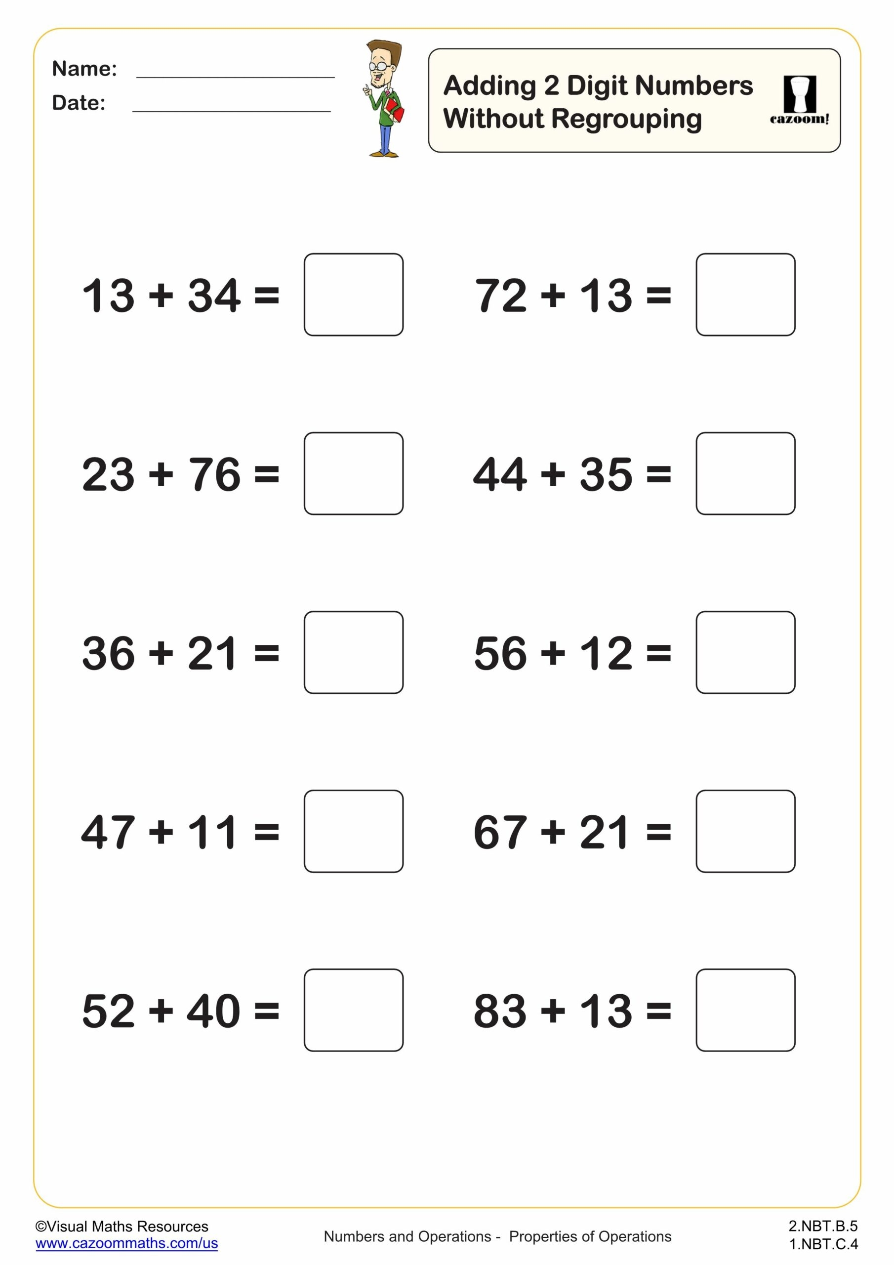 Adding 2 Digit Numbers Without Regrouping 10 Questions 2nd 