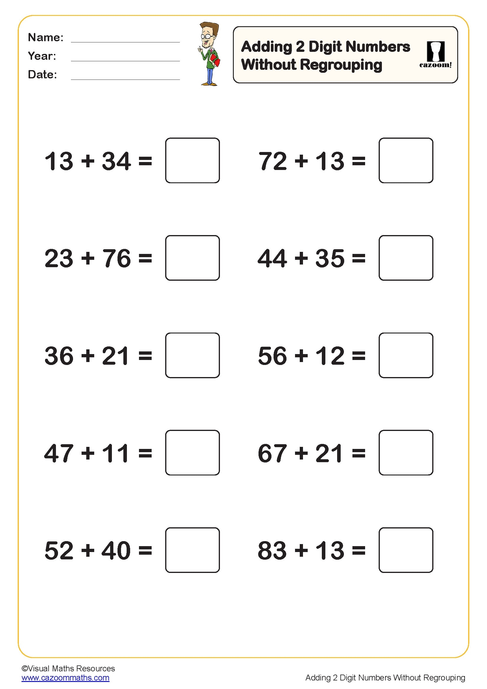 Adding 2 Digit Numbers Without Regrouping Worksheet 10 Questions 