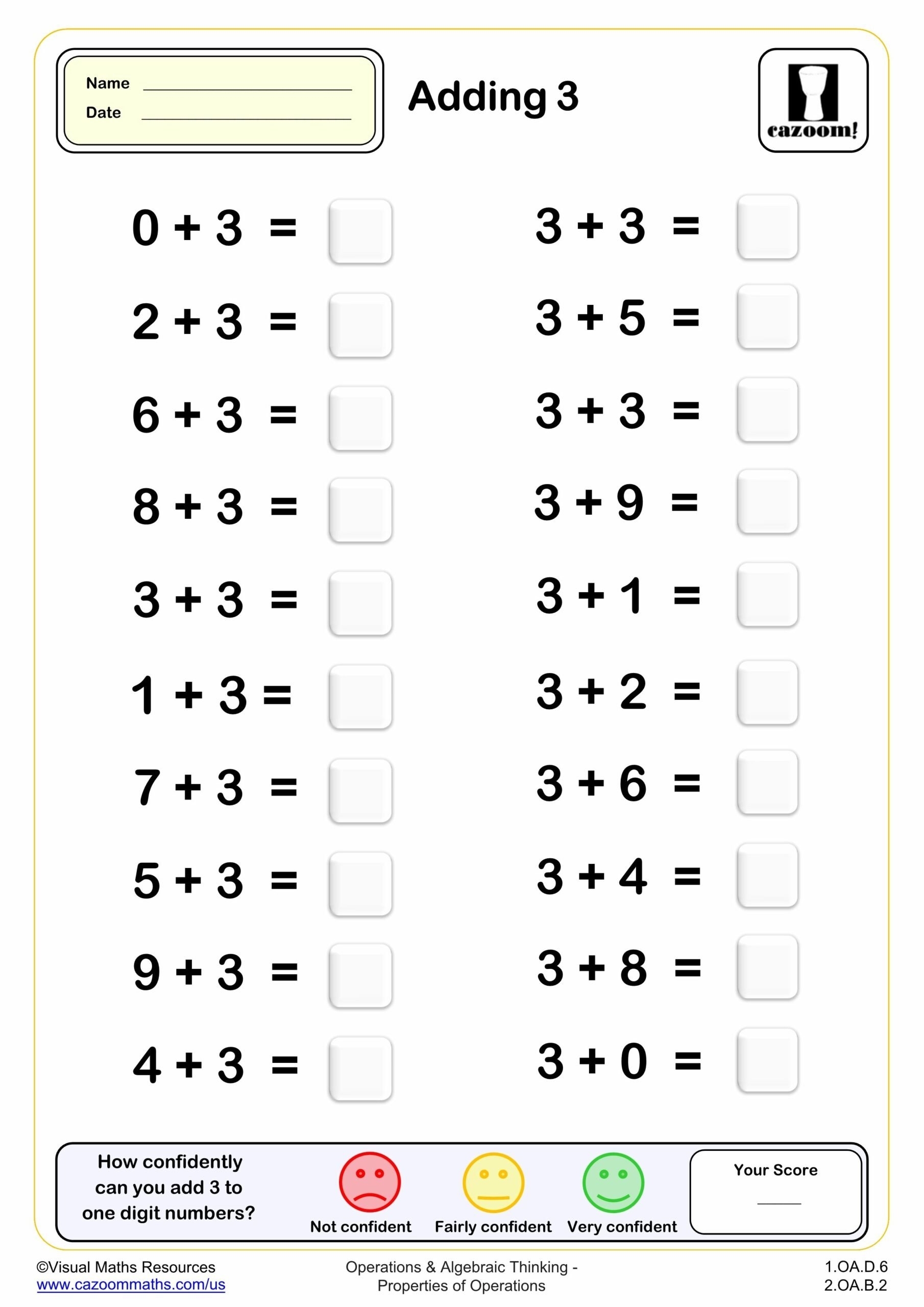 Adding 3 20 Questions PDF Printable Addition Worksheets