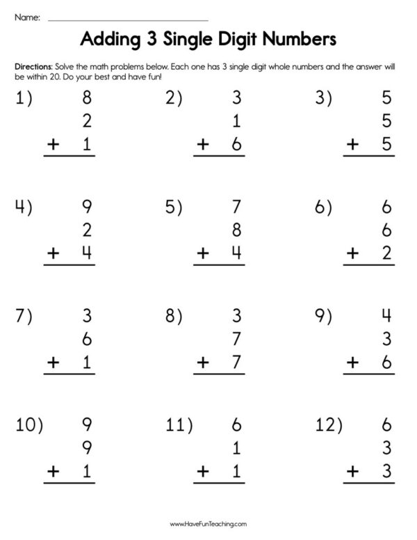 adding 3 single digit numbers worksheet