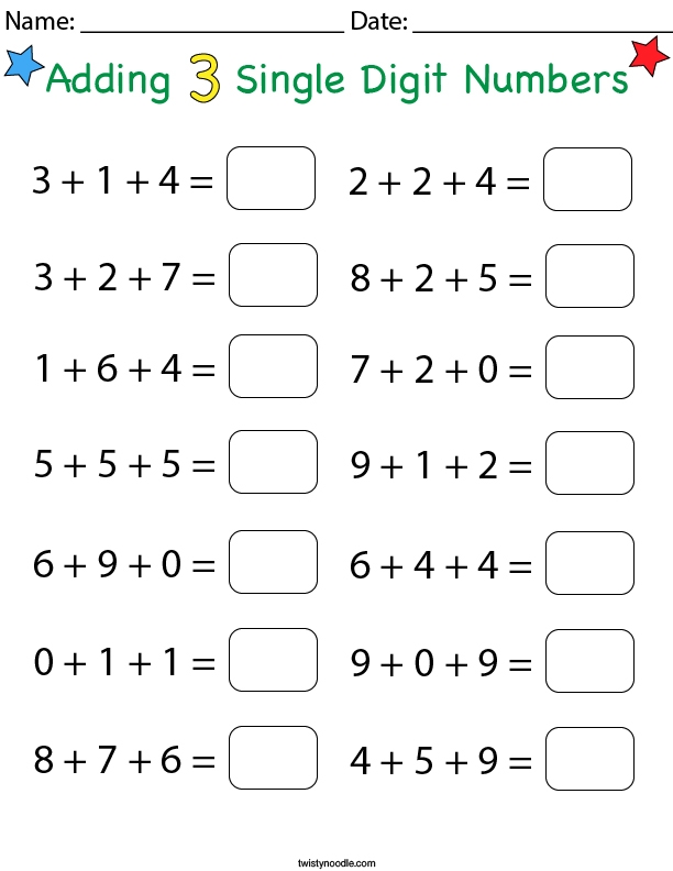 Adding 3 Single Digit Numbers Math Worksheet Twisty Noodle