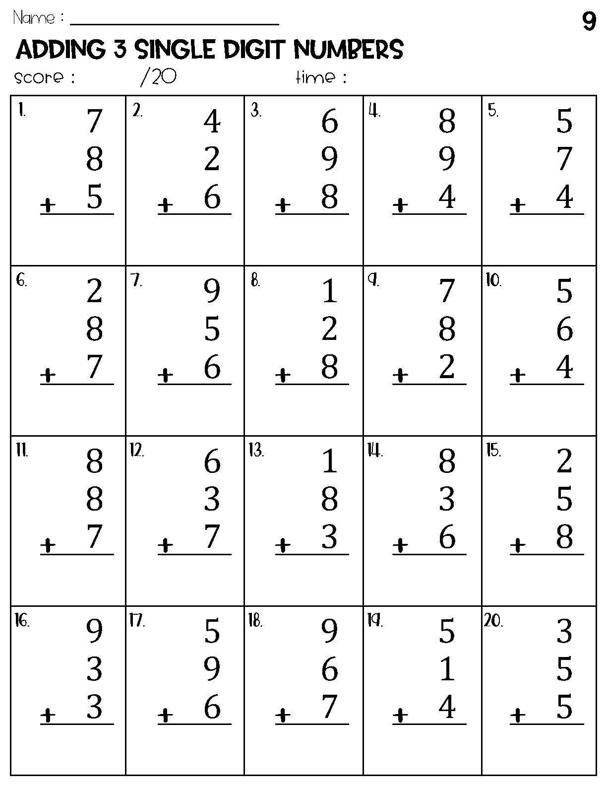 adding single digit numbers worksheets