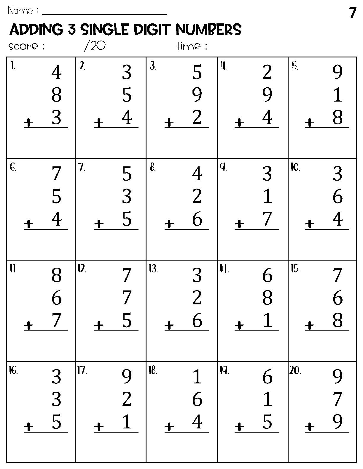 Adding 3 Single Digit Numbers Worksheets Math Timed Test Addition Etsy