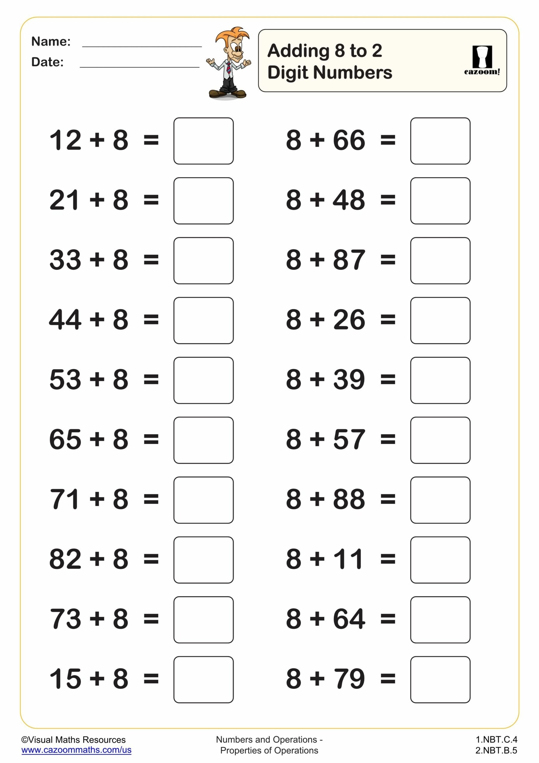 Adding 8 To 2 Digit Numbers 20 Questions PDF Printable Addition