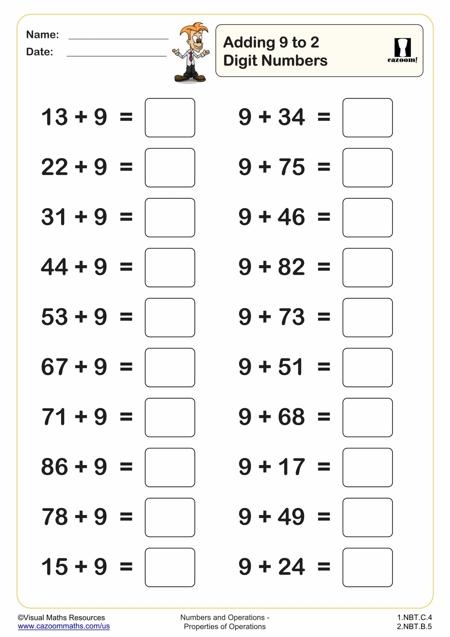 Adding 9 To 2 Digit Numbers 20 Questions PDF Printable Addition 
