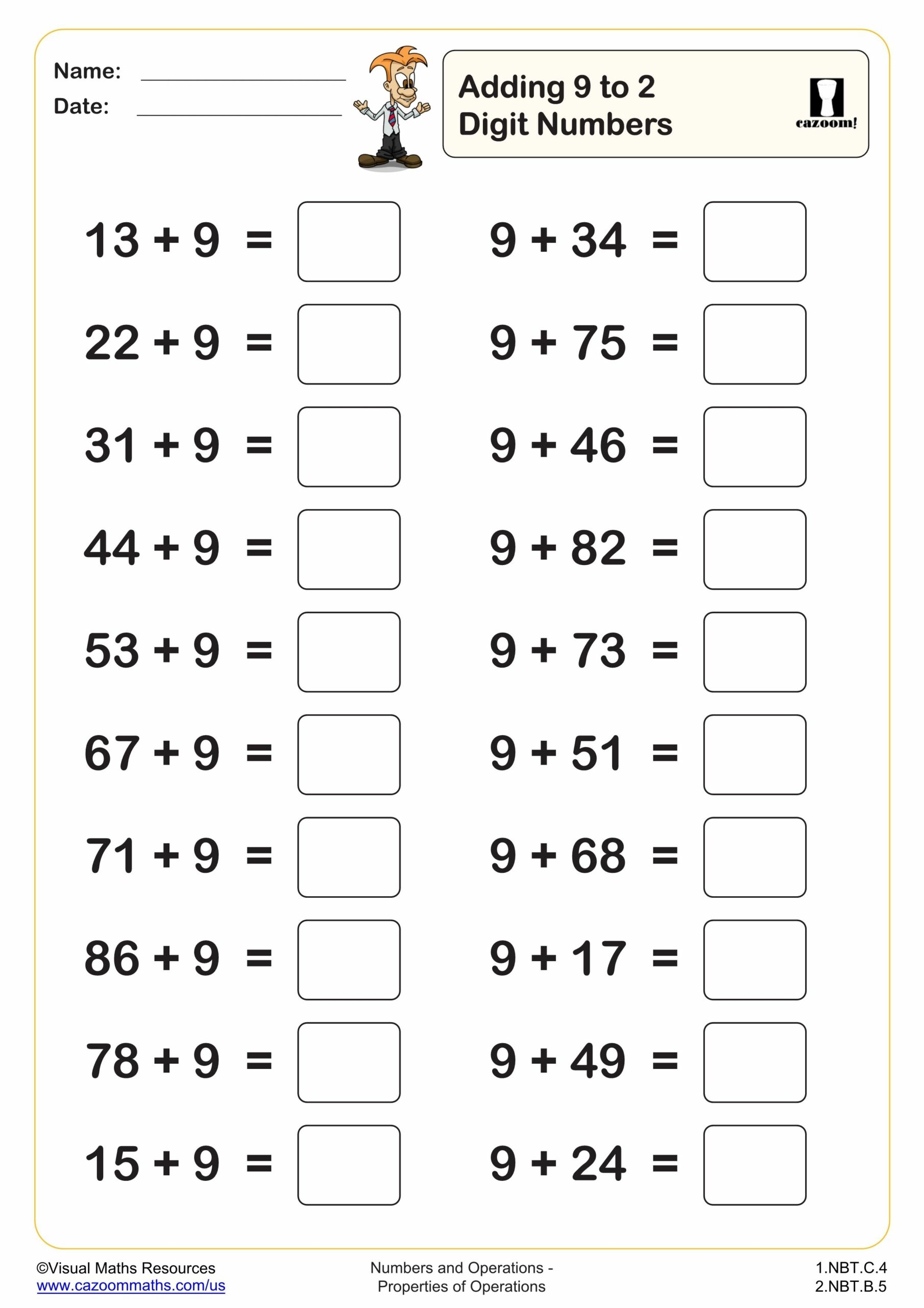 Adding 9 To 2 Digit Numbers 20 Questions PDF Printable Addition 