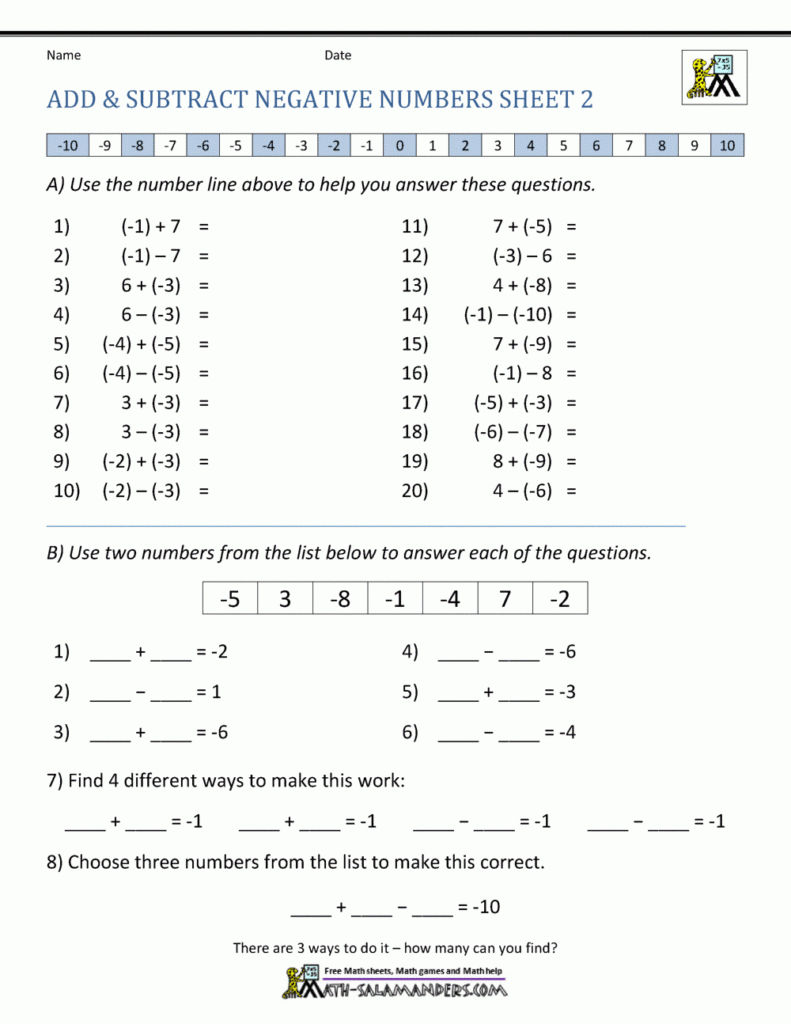 adding and subtracting directed numbers worksheet