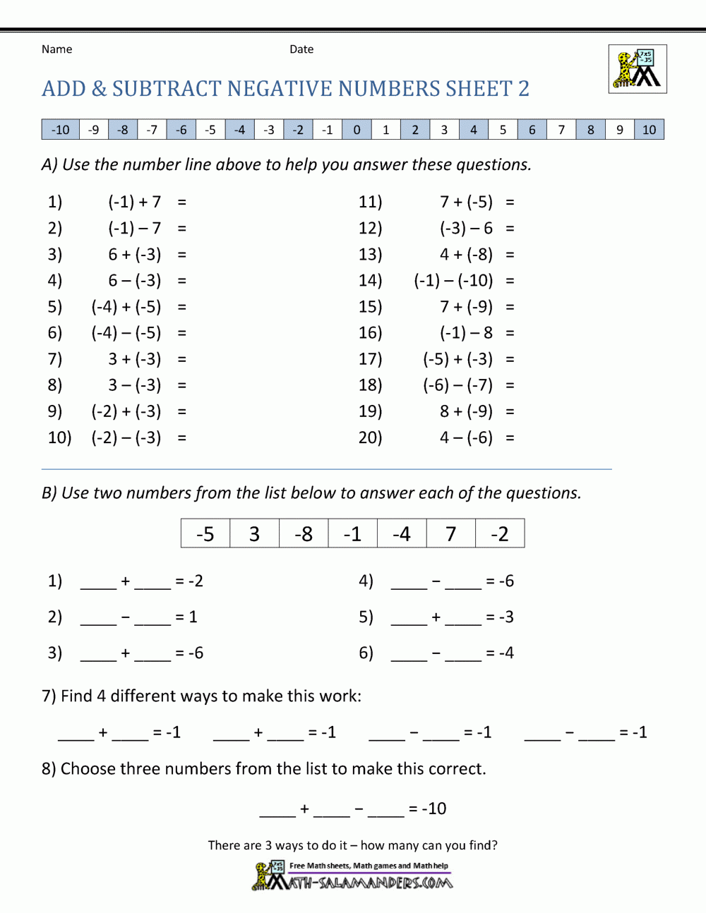 adding and subtracting fractions with negative numbers worksheets