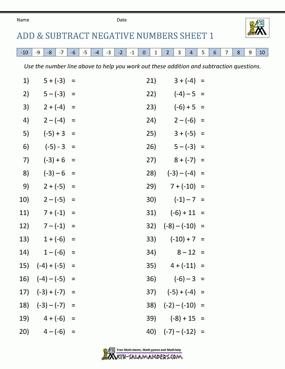Adding And Subtracting Negative Numbers Worksheets Martin Lindelof