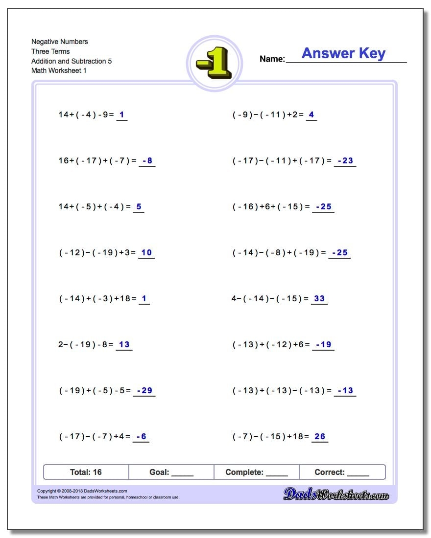 Adding And Subtracting Negative Numbers Worksheets