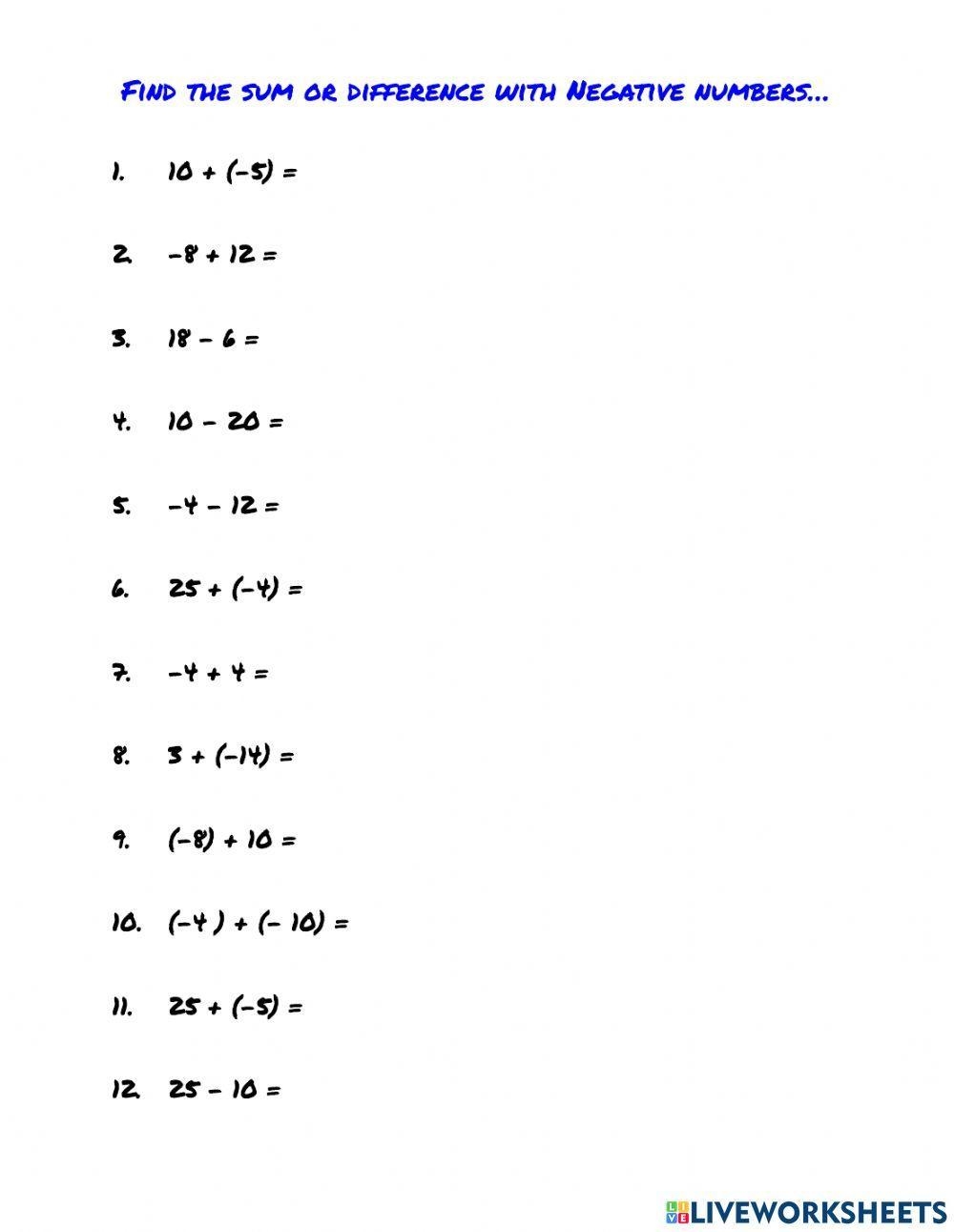 Adding And Subtracting Positive And Negative Numbers Neg Minus Neg