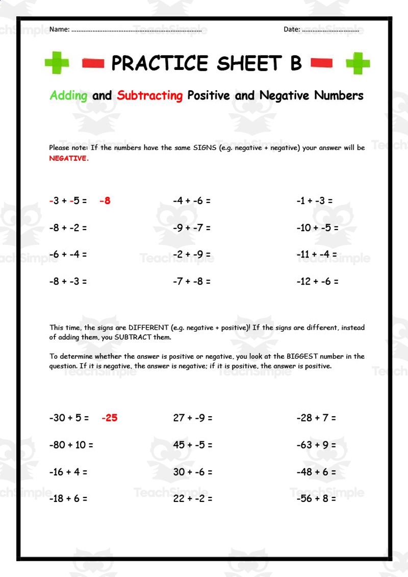 add and subtract positive and negative numbers worksheet
