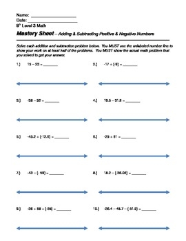 Adding And Subtracting Positive Negative Numbers Worksheet With 